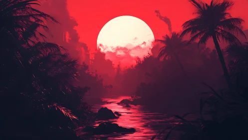 Crimson tropical river glows beneath an oversized synthetic sun