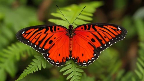 Scarlet butterfly rests on fern leaves in vibrant detail.