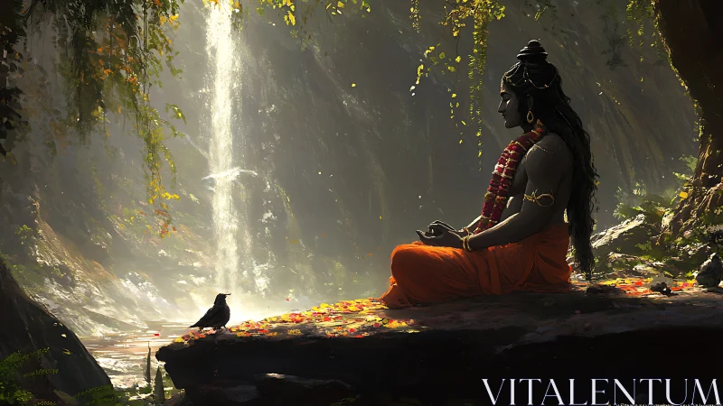 Meditative figure in orange robe beside forest waterfall.
