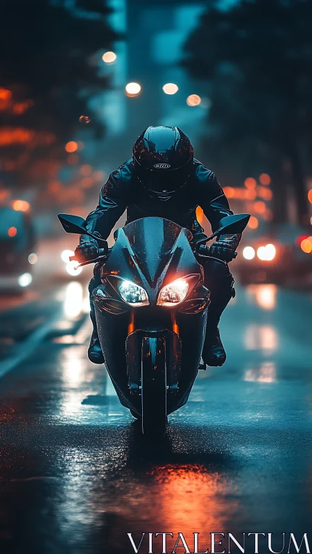 Motorcyclist rides sportbike through wet city street at night