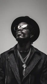 Monochrome portrait of stylish man in hat and layered chains.