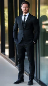 Tailored confidence leans into glass and shadowed city light