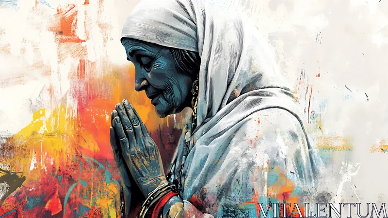 Elder in prayer woven through blazing abstract color storms.