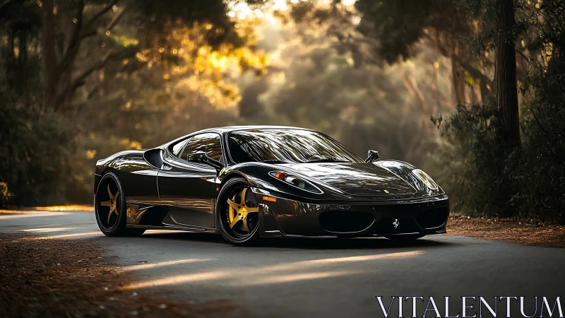 Low-slung black supercar with specular reflections on forest road