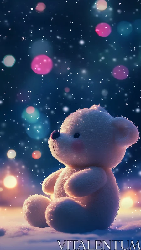Soft plush teddy bear rendered against defocused winter bokeh field