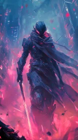 Neon-clad cybernetic swordsman traversing vaporized megacity.