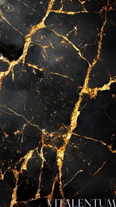 Golden marble fractures glow against deep black stone surface.