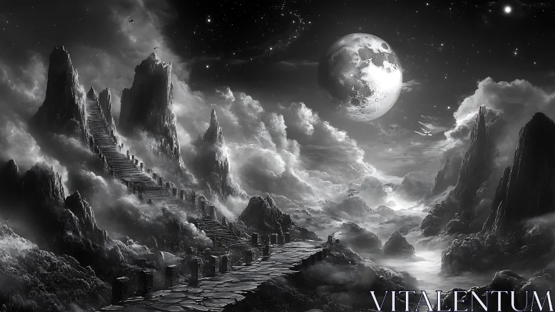 Monochrome celestial landscape with stairway and mountains.