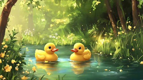Two rubber duck figures float on a reflective forest pond