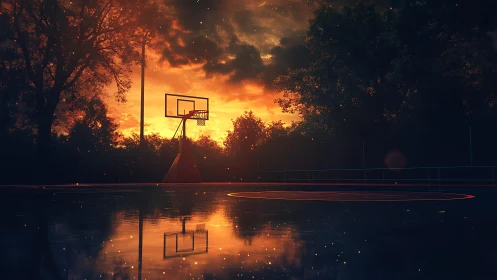 Sunlit urban basketball court mirrored in wet pavement glow.