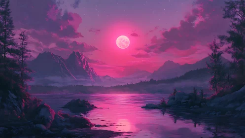 Luminous magenta moonrise over dreamy mountain lake hush.