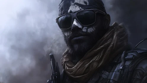 Tactical operator portrait in dense battlefield smoke, close-up