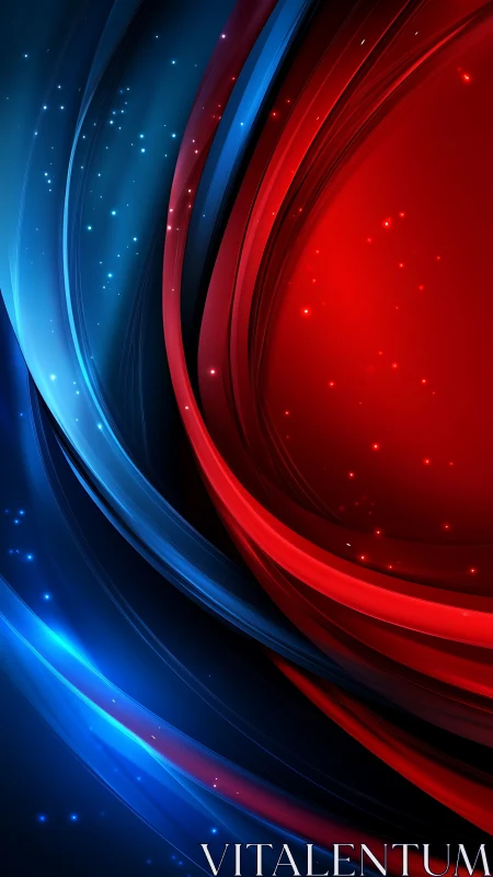 Curved red and blue light streaks with small glowing particles.