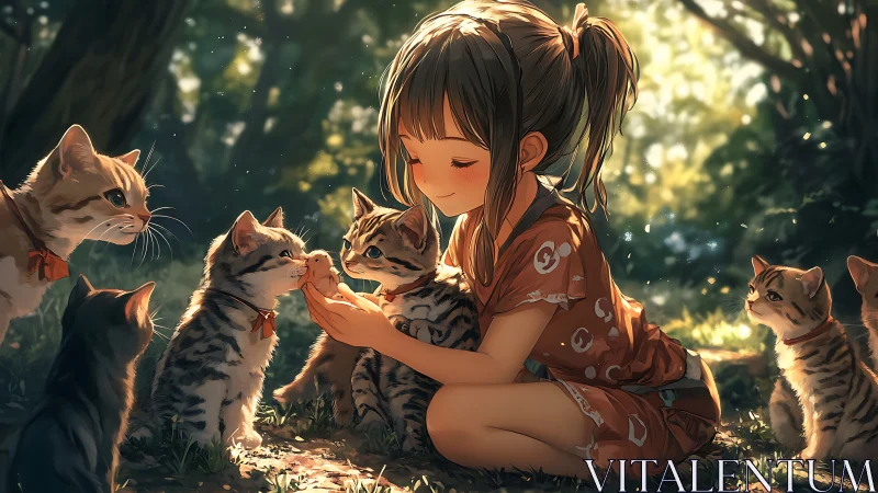 Anime girl sits with multiple kittens in forest sunlight scene.