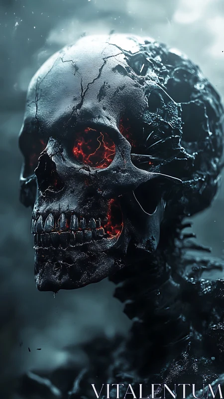 Charred skeletal figure with glowing embers in skull.