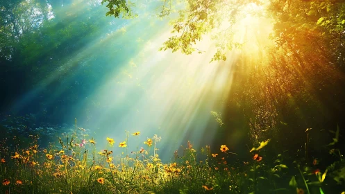 Sunlit wildflower glade where morning light melts into mist.