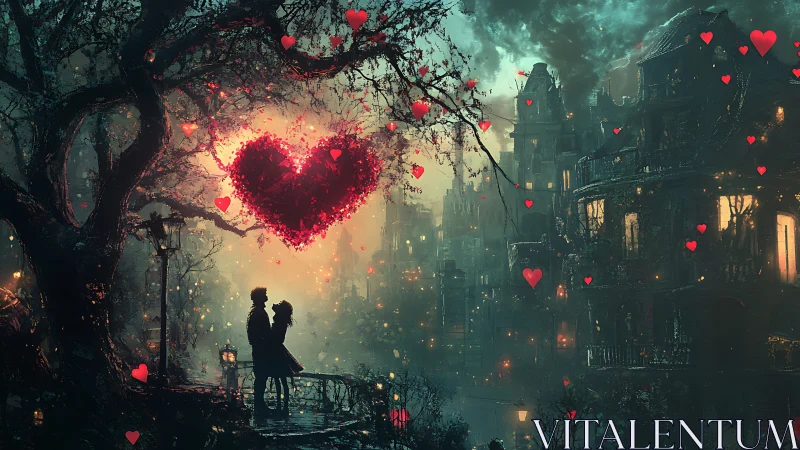Silhouetted couple beneath glowing heart in gothic cityscape.