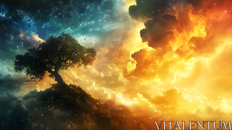 Solitary tree against split cosmic sky of night and fire.