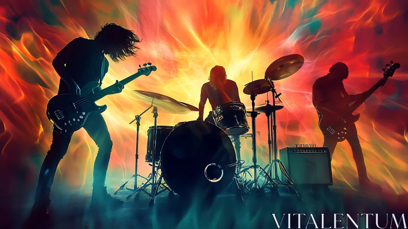 Rock trio silhouettes in chromatic energy-field stage blast.