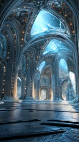 Futuristic vaulted interior with luminous blue arches.