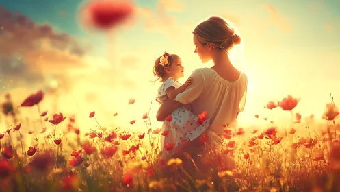 Mother and Child in Blooming Poppy Field.