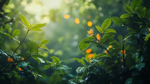 Sunlit wet leaves catch morning light in dense garden