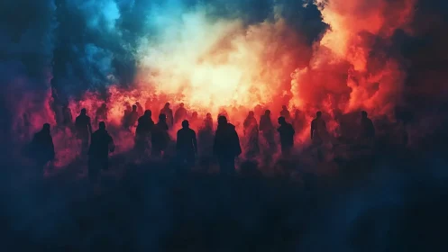 Silhouetted Crowd Walking Through Fiery Dreamlike Mist.
