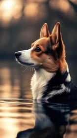 Corgi profile poised in golden dusk-reflective waters.
