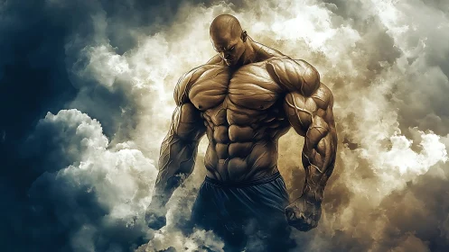Stormforged titan bodybuilder emerging from swirling clouds.