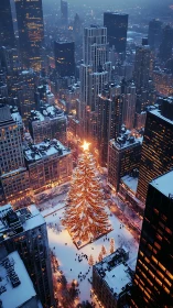Skyline snowfall crowns a glowing city Christmas colossus.
