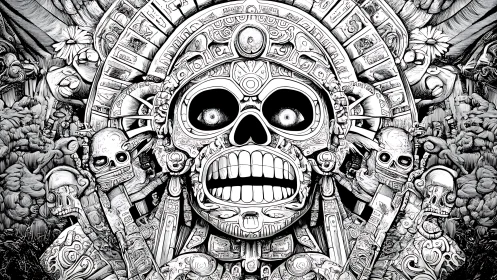 Ornate Aztec skull totem amid dense monochrome jungle carvings.