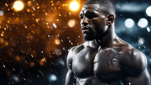 Athletic man in rain with dramatic lighting and tattoo.