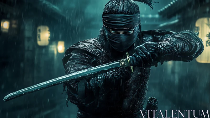 Masked ninja advances with katana under cinematic night rain