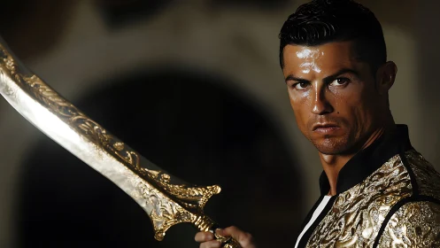 Warrior portrait with ornate gilded scimitar and armor.