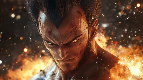 Fierce flame-eyed warrior rising from a storm of embers.