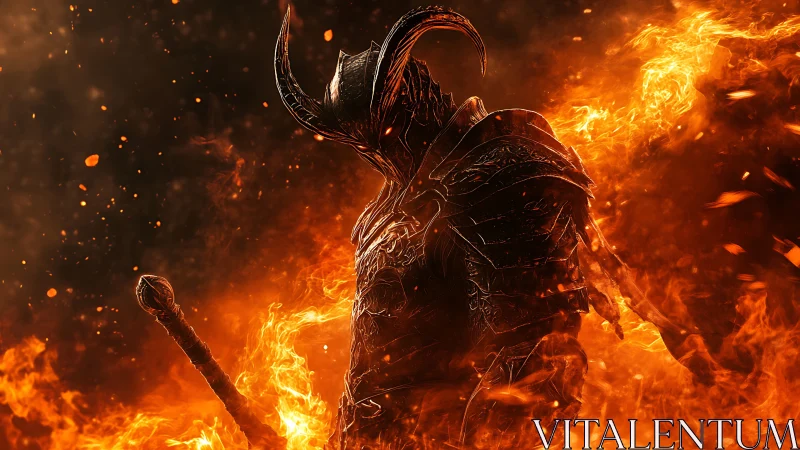 Armored demonic warrior emerges from engulfing inferno flames