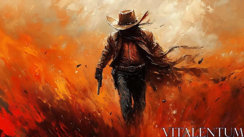 Lone gunslinger strides through blazing abstract inferno.