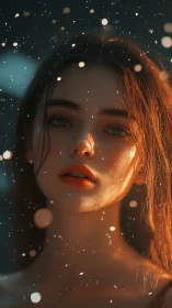 Moody close-up portrait of young woman in glowing particles.