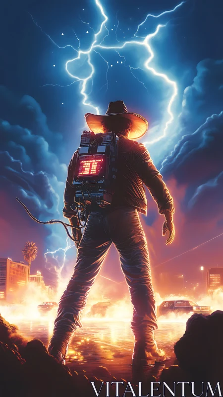 Time-charged cyber-western hero confronts storm-warped skyline