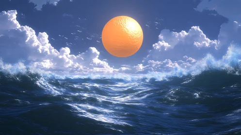 Citrus sun rising over mythic waves in a dream-bright sea.