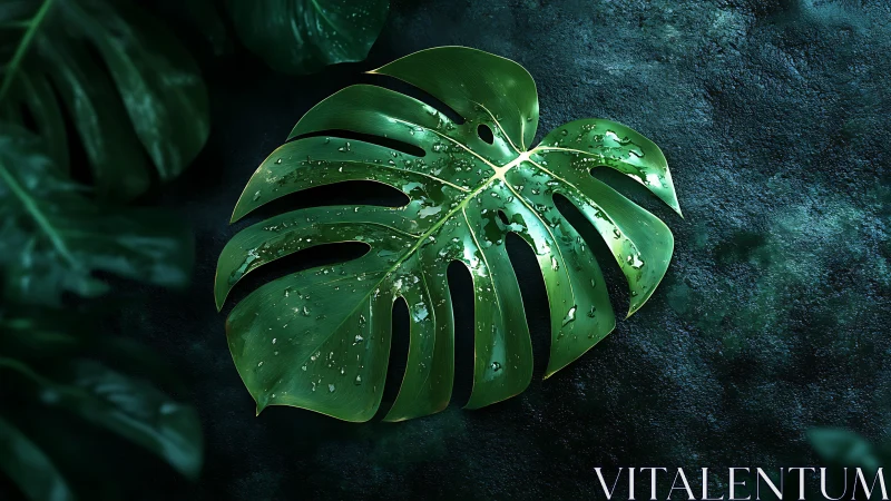 Monstera leaf glistens with raindrops on dark textured ground.