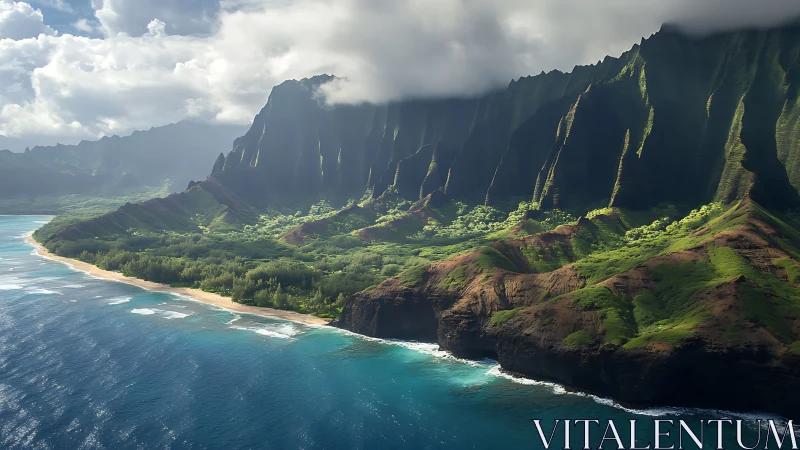 Dramatic Kauai coastline with towering cliffs and turquoise Pacific waters
