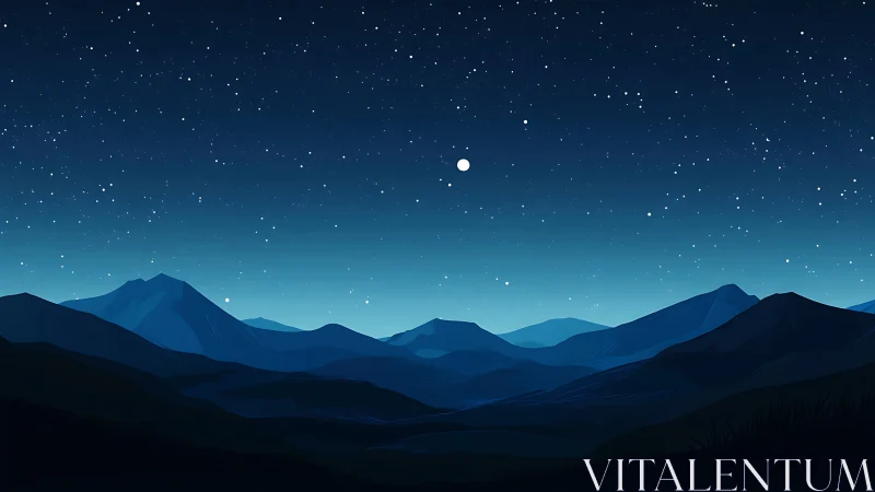 Star-filled night sky over layered blue mountain ranges