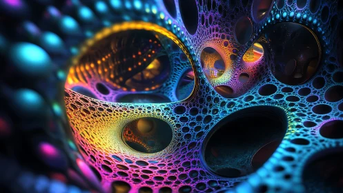 Iridescent fractal tunnel forms glowing perforated lattice