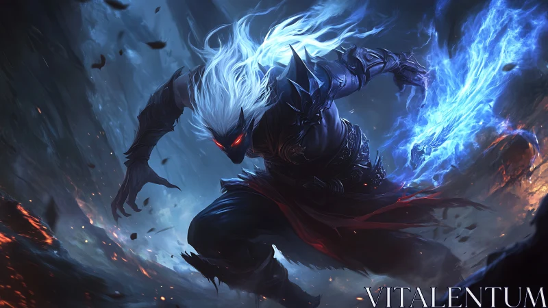 Shadow warrior lunges through firestorm with blazing blade.