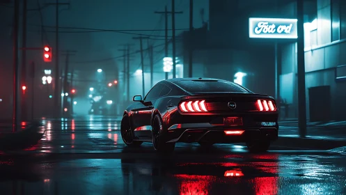 Sports coupe is rendered on wet neon-lit nocturnal street