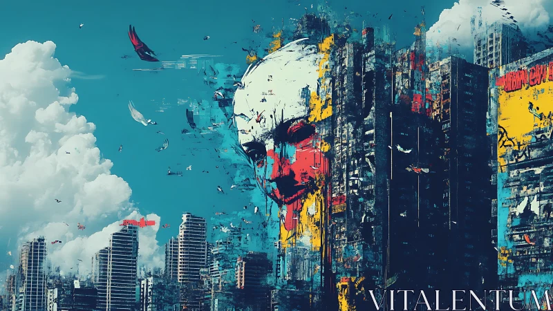 City skyline melts into a bold, dreamlike painted face.