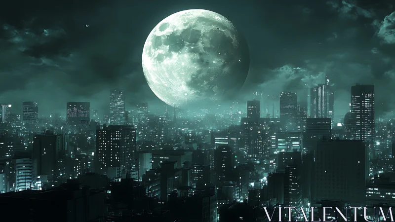 Moonlit megacity skyline glows softly under a colossal lunar rise