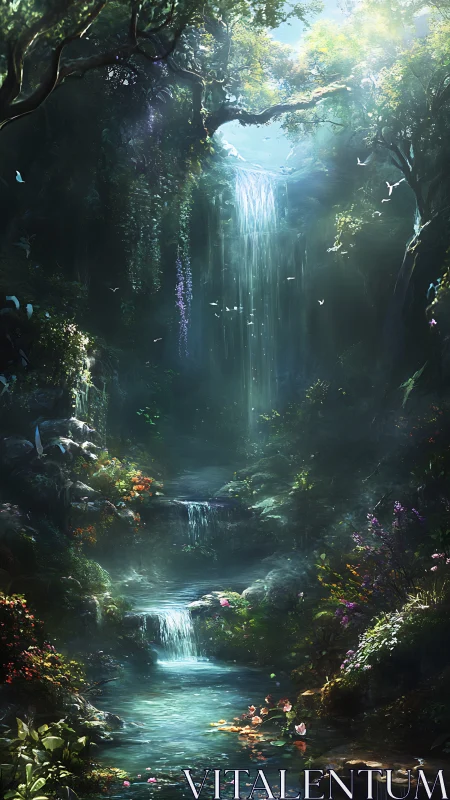 Cascading Waterfall Through Ancient Forest Canopy.