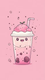 Kawaii strawberry boba shake with stylized character face.